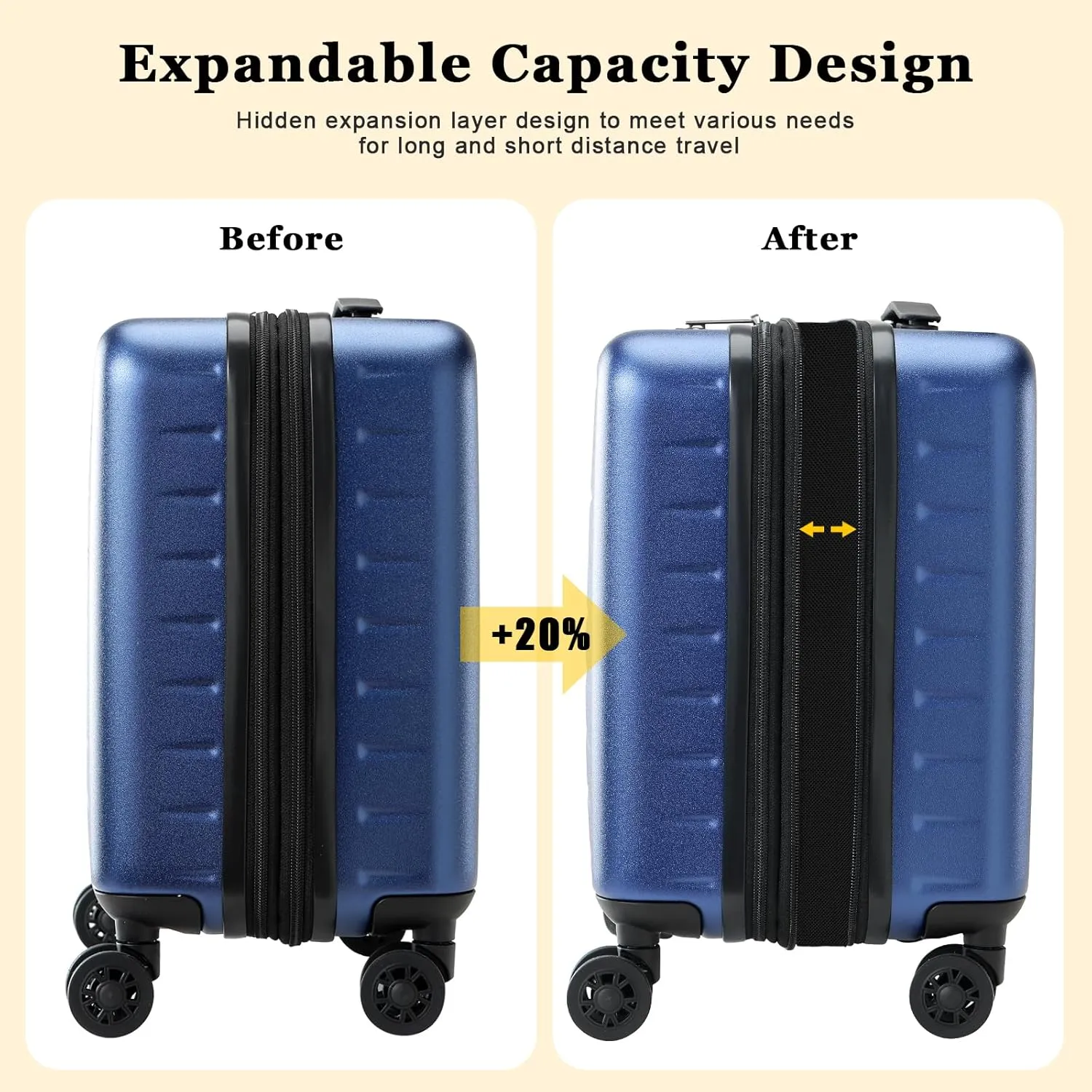 16 Inch Carry On Luggage Airline Approved, Expandable Lightweight ABS PC Hard Shell Suitcases with 360 Spinner Wheels, TSA Lock, YKK Zippers (Navy Blue, 1 PC)