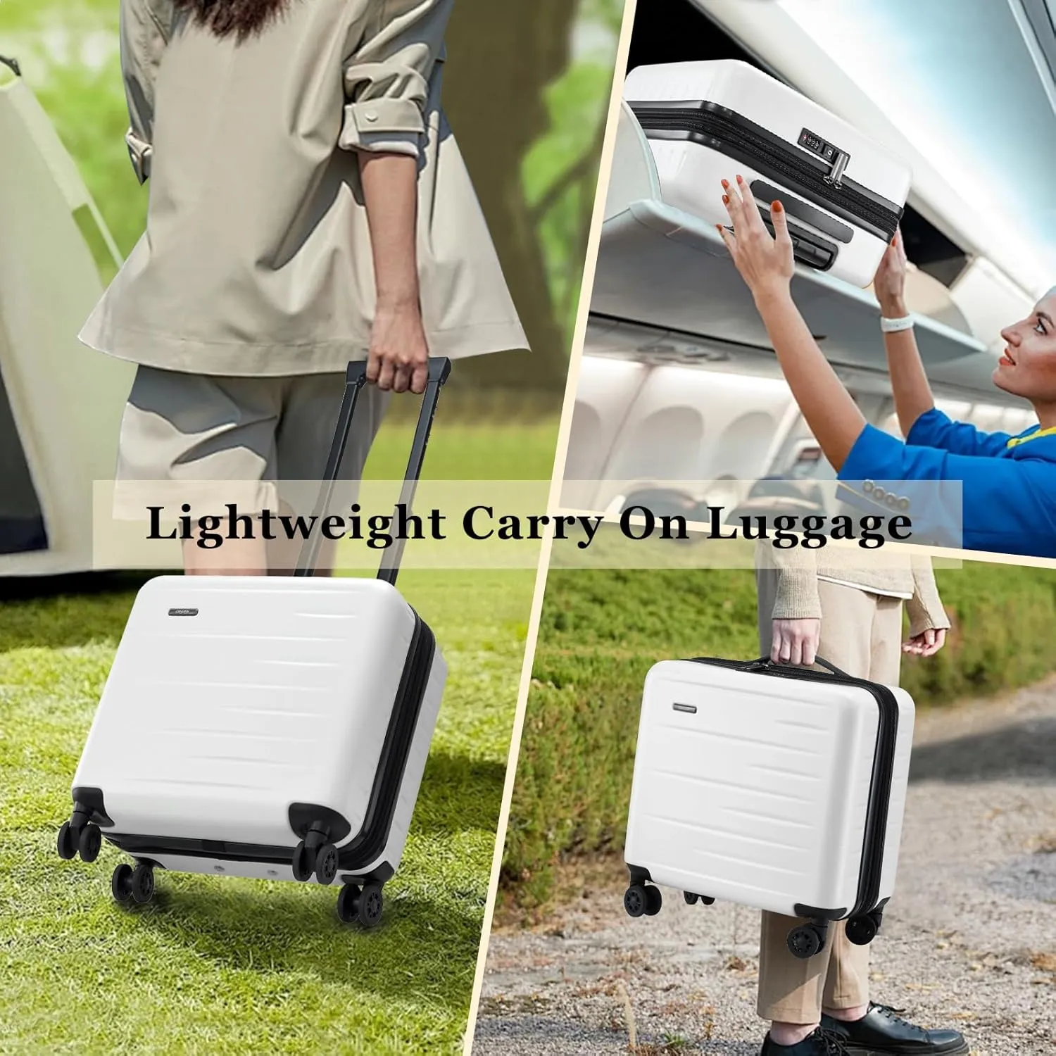 16 Inch Carry On Luggage Airline Approved, Expandable Lightweight ABS PC Hard Shell Suitcases with 360 Spinner Wheels, TSA Lock, YKK Zippers (White, 1 PC)
