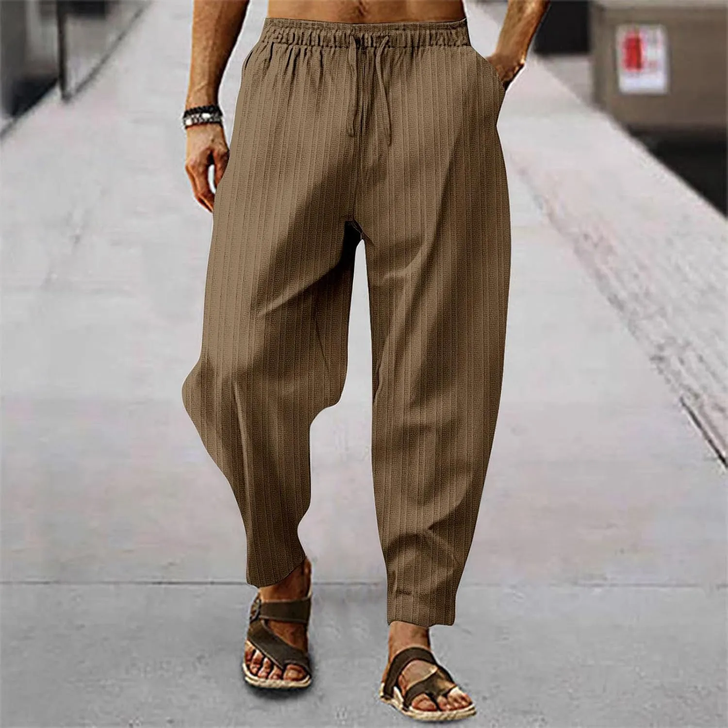 2023 Mens Linen Harem Capri Pants Plus Size Lightweight Loose Drawstring Elastic Waist Trousers Casual Beach Yoga Sweatpants