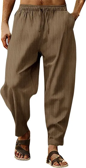 2023 Mens Linen Harem Capri Pants Plus Size Lightweight Loose Drawstring Elastic Waist Trousers Casual Beach Yoga Sweatpants