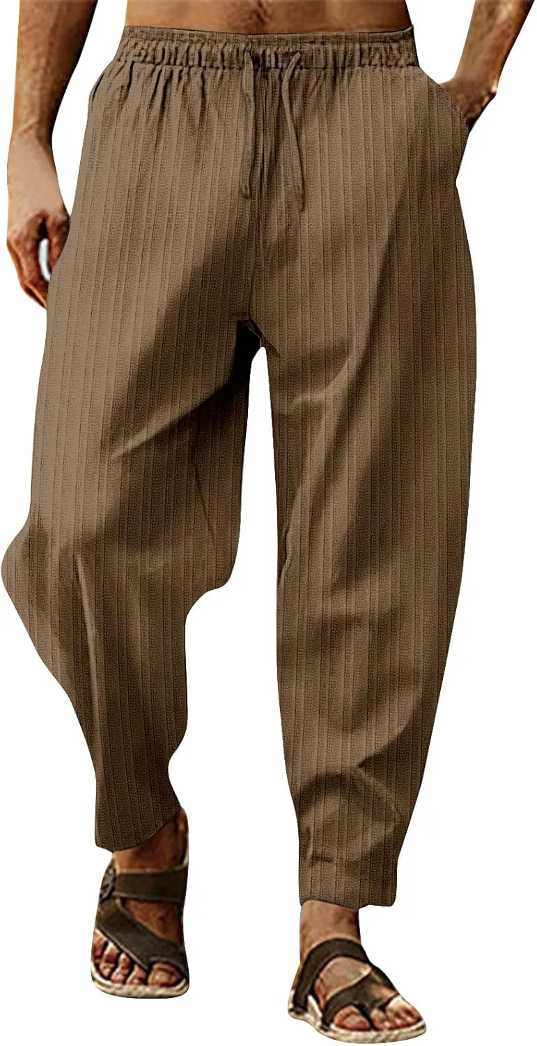 2023 Mens Linen Harem Capri Pants Plus Size Lightweight Loose Drawstring Elastic Waist Trousers Casual Beach Yoga Sweatpants