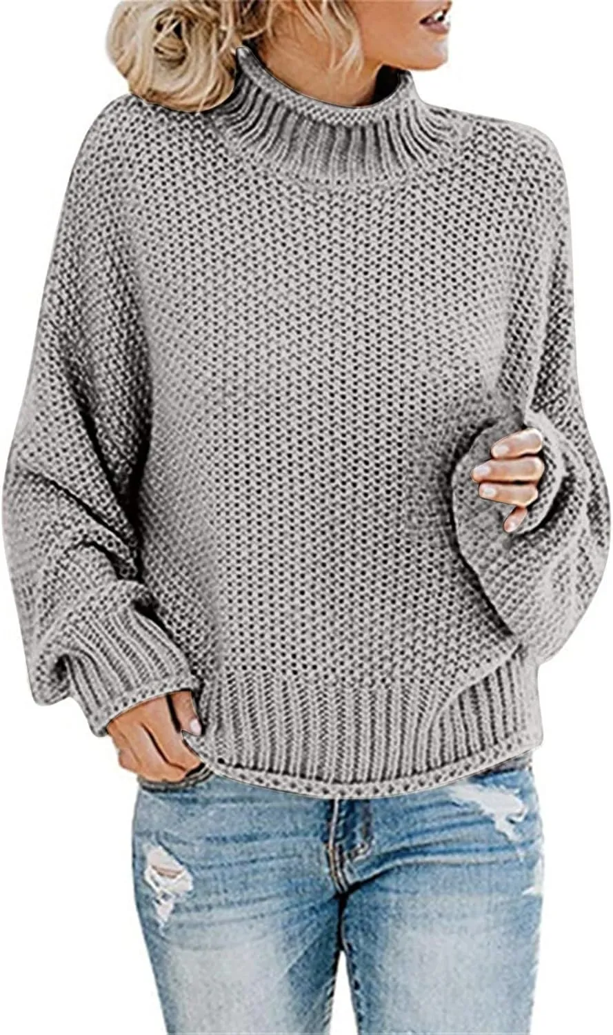 2023 Turtleneck Sweater for Women Batwing Sleeve Solid Loose Oversized Chunky Knitted Pullover Sweater Jumper Tops