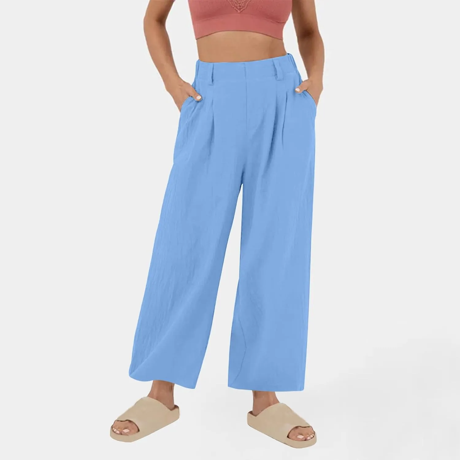 2025 Trendy Pure Color Linen Pants for Women's Elastic Waist Wide Leg Casual Trousers with Pockets, Loose Fit