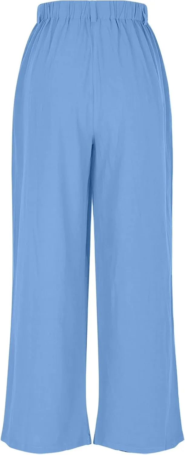2025 Trendy Pure Color Linen Pants for Women's Elastic Waist Wide Leg Casual Trousers with Pockets, Loose Fit