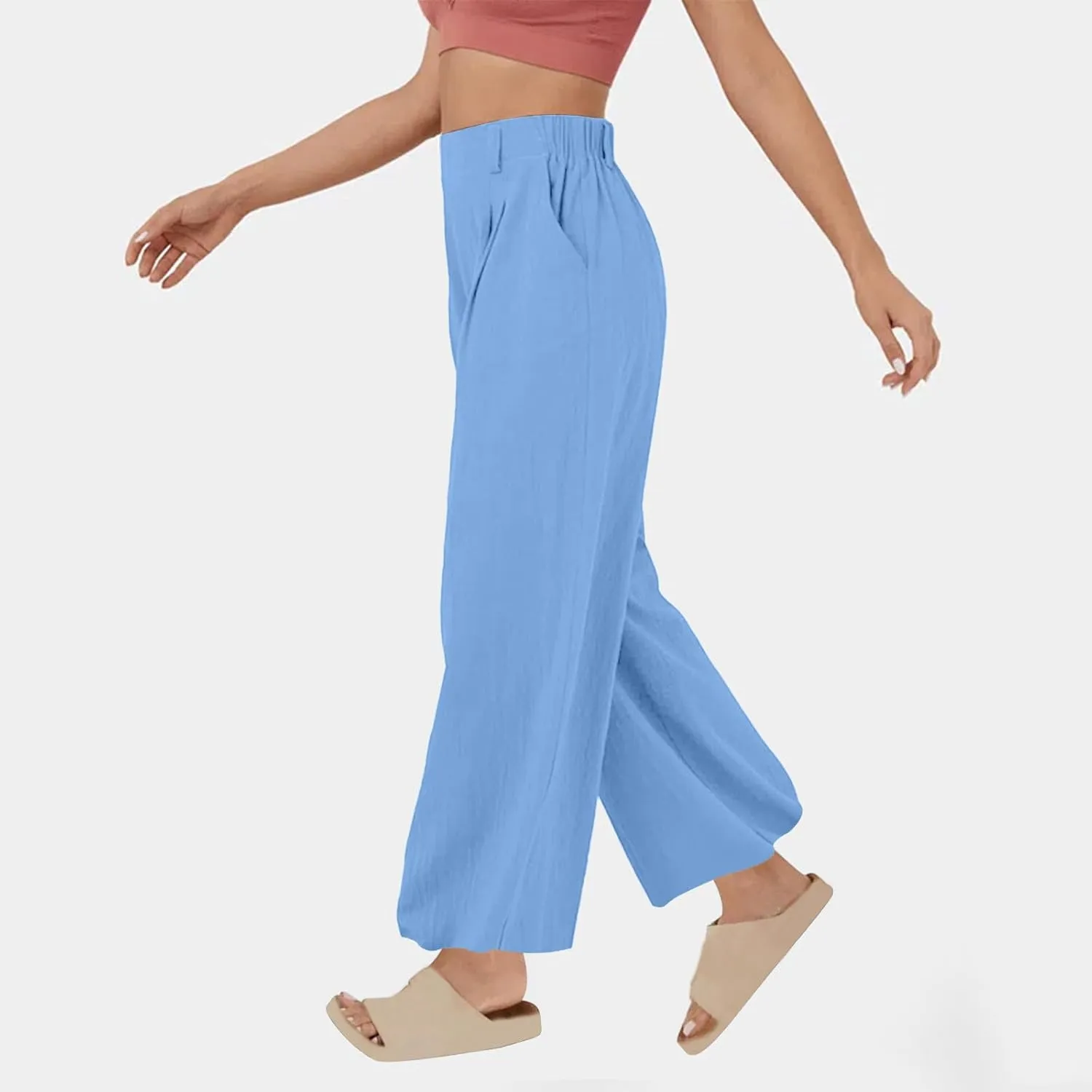 2025 Trendy Pure Color Linen Pants for Women's Elastic Waist Wide Leg Casual Trousers with Pockets, Loose Fit