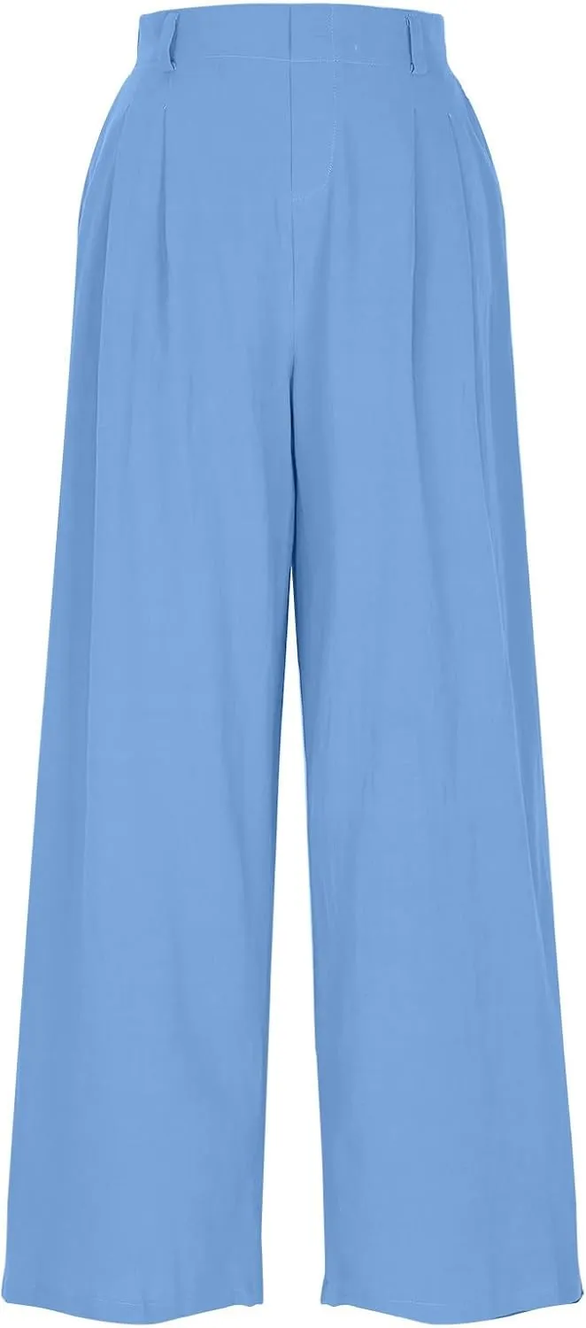 2025 Trendy Pure Color Linen Pants for Women's Elastic Waist Wide Leg Casual Trousers with Pockets, Loose Fit