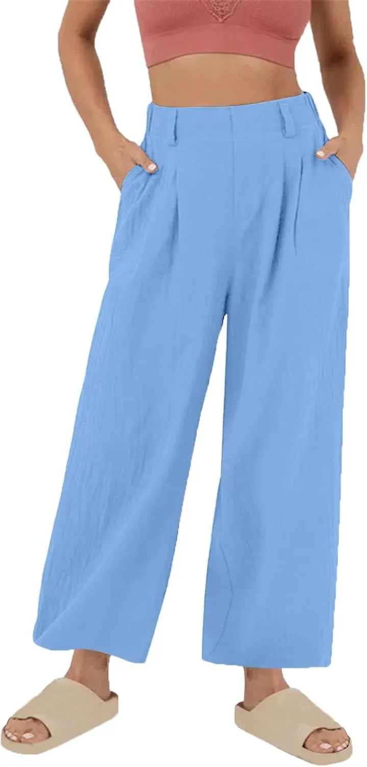 2025 Trendy Pure Color Linen Pants for Women's Elastic Waist Wide Leg Casual Trousers with Pockets, Loose Fit