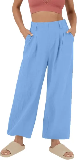 2025 Trendy Pure Color Linen Pants for Women's Elastic Waist Wide Leg Casual Trousers with Pockets, Loose Fit