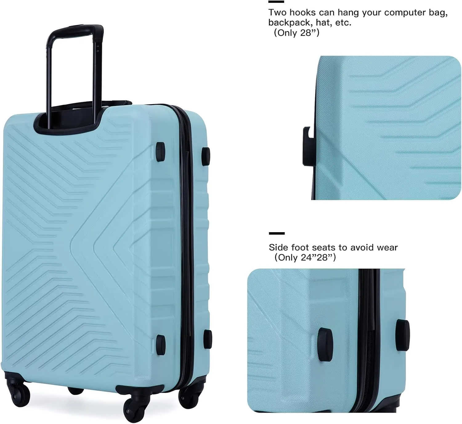 3 Piece Luggage Sets 20"/24"/28" Lightweight Hardshell Suitcase with 2 Hooks, Spinner Wheels, TSA Lock for Travel Green As Shown One Size