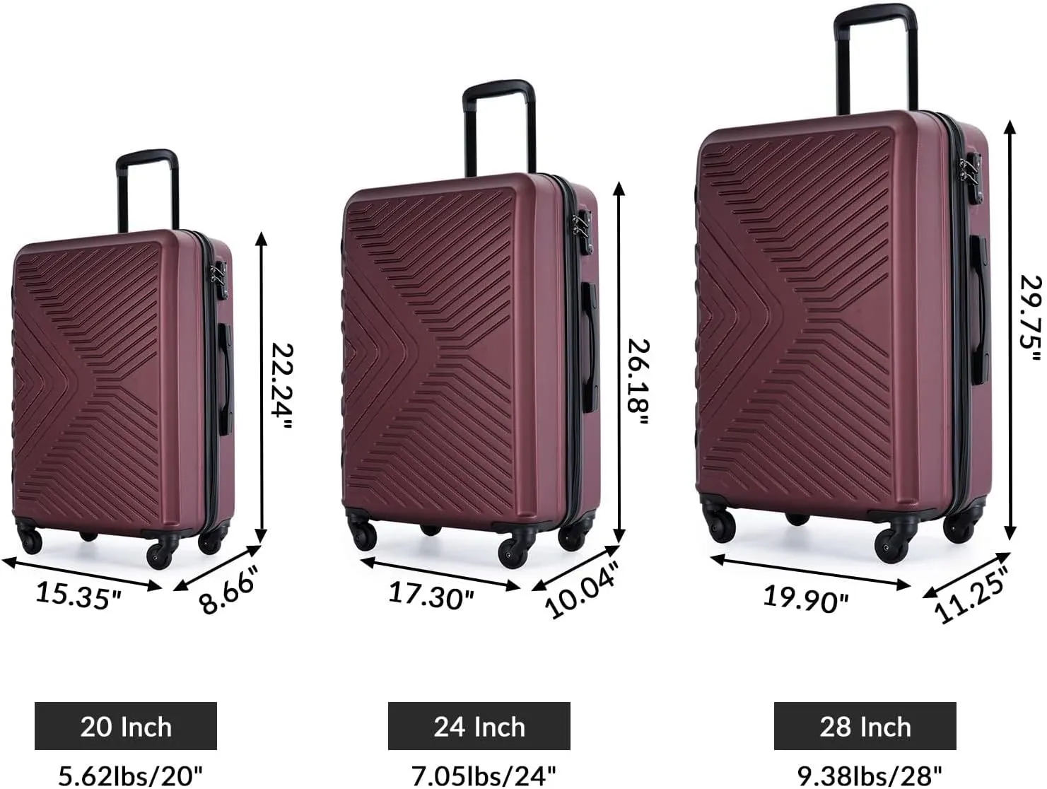 3 Piece Luggage Sets 20"/24"/28" Lightweight Hardshell Suitcase with 2 Hooks, Spinner Wheels, TSA Lock for Travel Red As Shown One Size