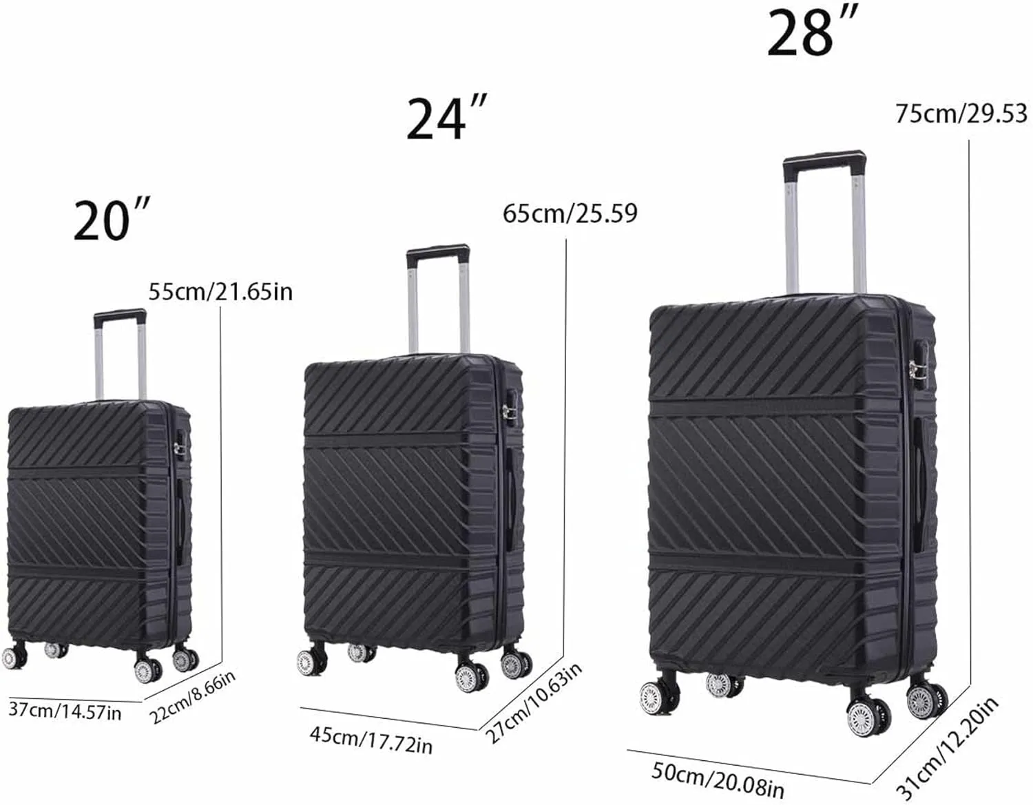 3 Piece Luggage Sets with Spinner Wheels, Hard Shell Luggage Sets & Carry On Luggage Set for Mens and Women, TSA Lock, Telescopic Handle, 20" 24" 28" (Black)