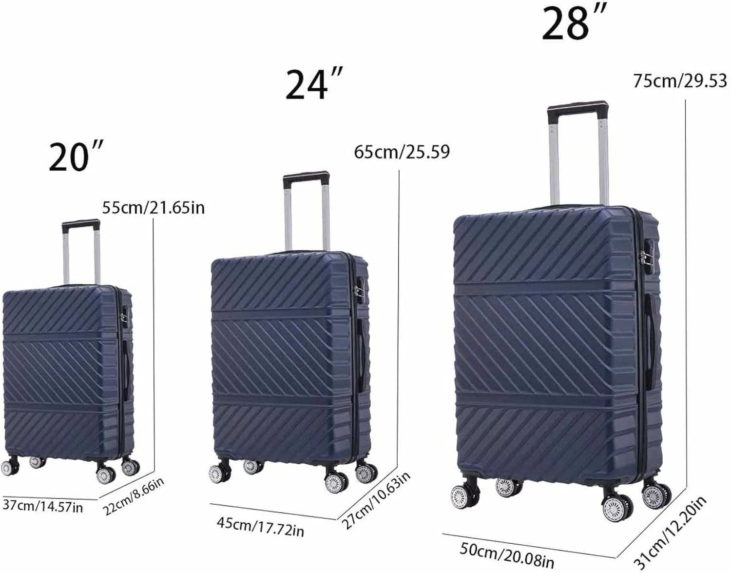3 Piece Luggage Sets with Spinner Wheels, Hard Shell Luggage Sets & Carry On Luggage Set for Mens and Women, TSA Lock, Telescopic Handle, 20" 24" 28" (Blue)