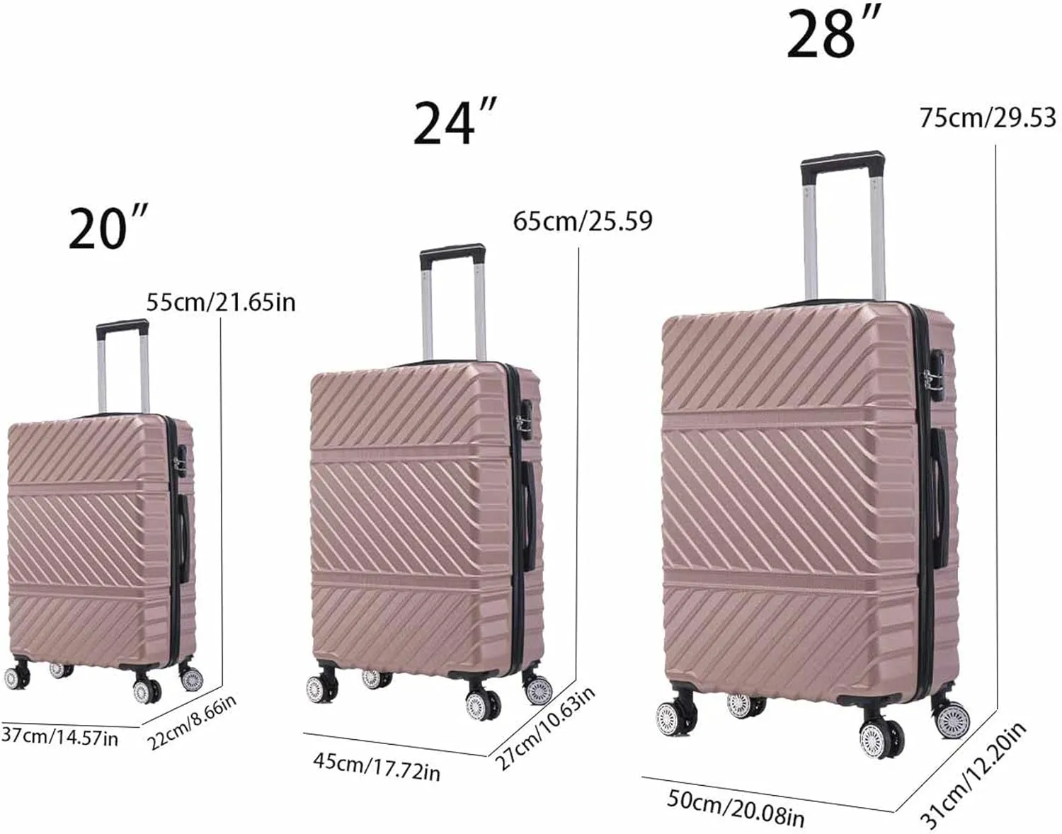3 Piece Luggage Sets with Spinner Wheels, Hard Shell Luggage Sets & Carry On Luggage Set for Mens and Women, TSA Lock, Telescopic Handle, 20" 24" 28" (Rose Gold)