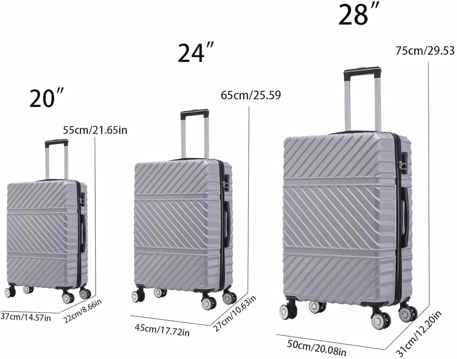 3 Piece Luggage Sets with Spinner Wheels, Hard Shell Luggage Sets & Carry On Luggage Set for Mens and Women, TSA Lock, Telescopic Handle, 20" 24" 28" (Silver grey)