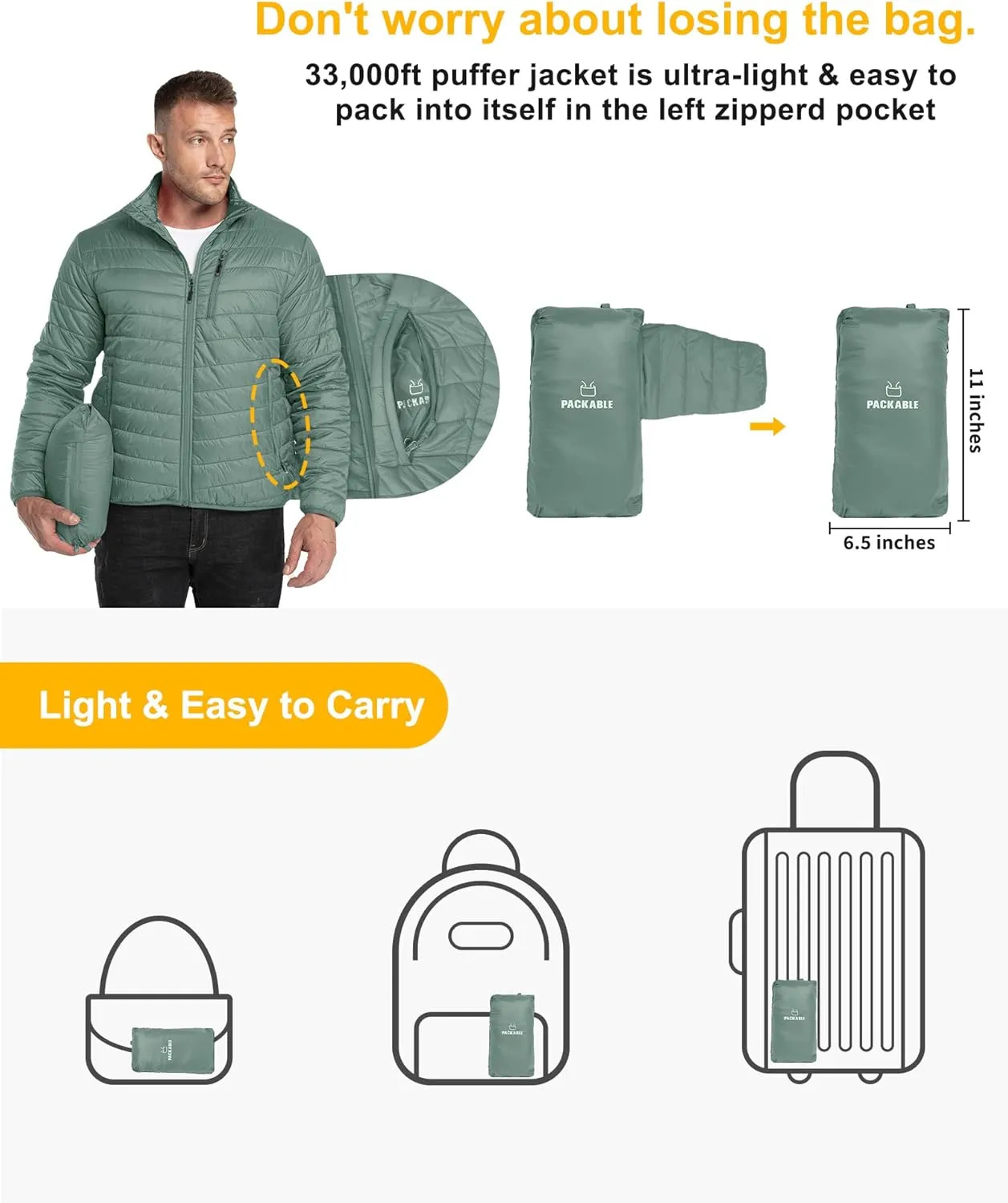33,000ft Men's Puffer Jacket Lightweight Packable Winter Jacket
