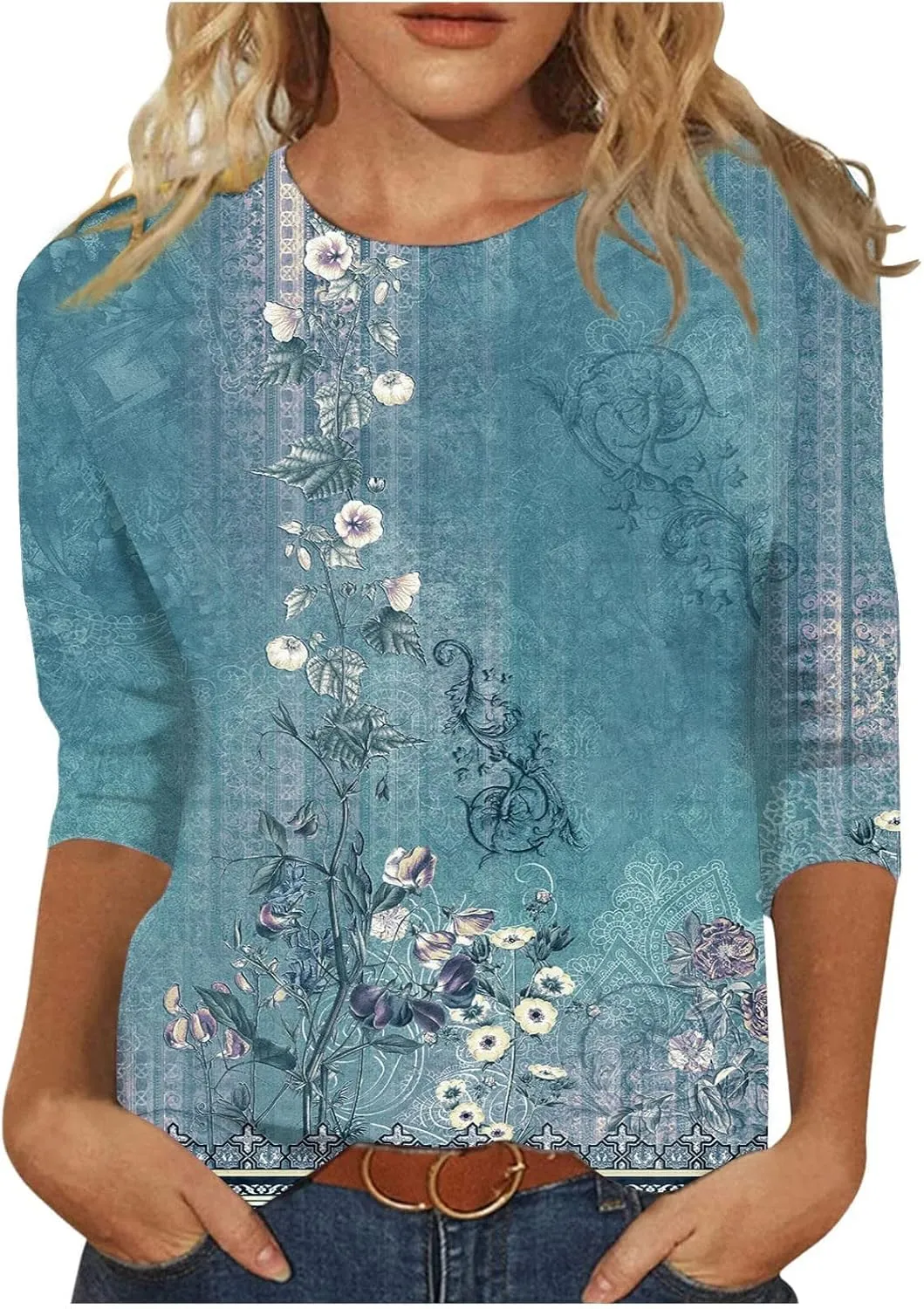 3/4 Length Sleeve Womens Tops 2025 Summer Round Neck Shirts Three Quarter Sleeve Tshirts