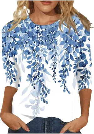 3/4 Length Sleeve Womens Tops 2025 Summer Round Neck Shirts Three Quarter Sleeve Tshirts