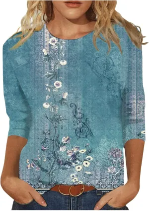3/4 Length Sleeve Womens Tops 2025 Summer Round Neck Shirts Three Quarter Sleeve Tshirts