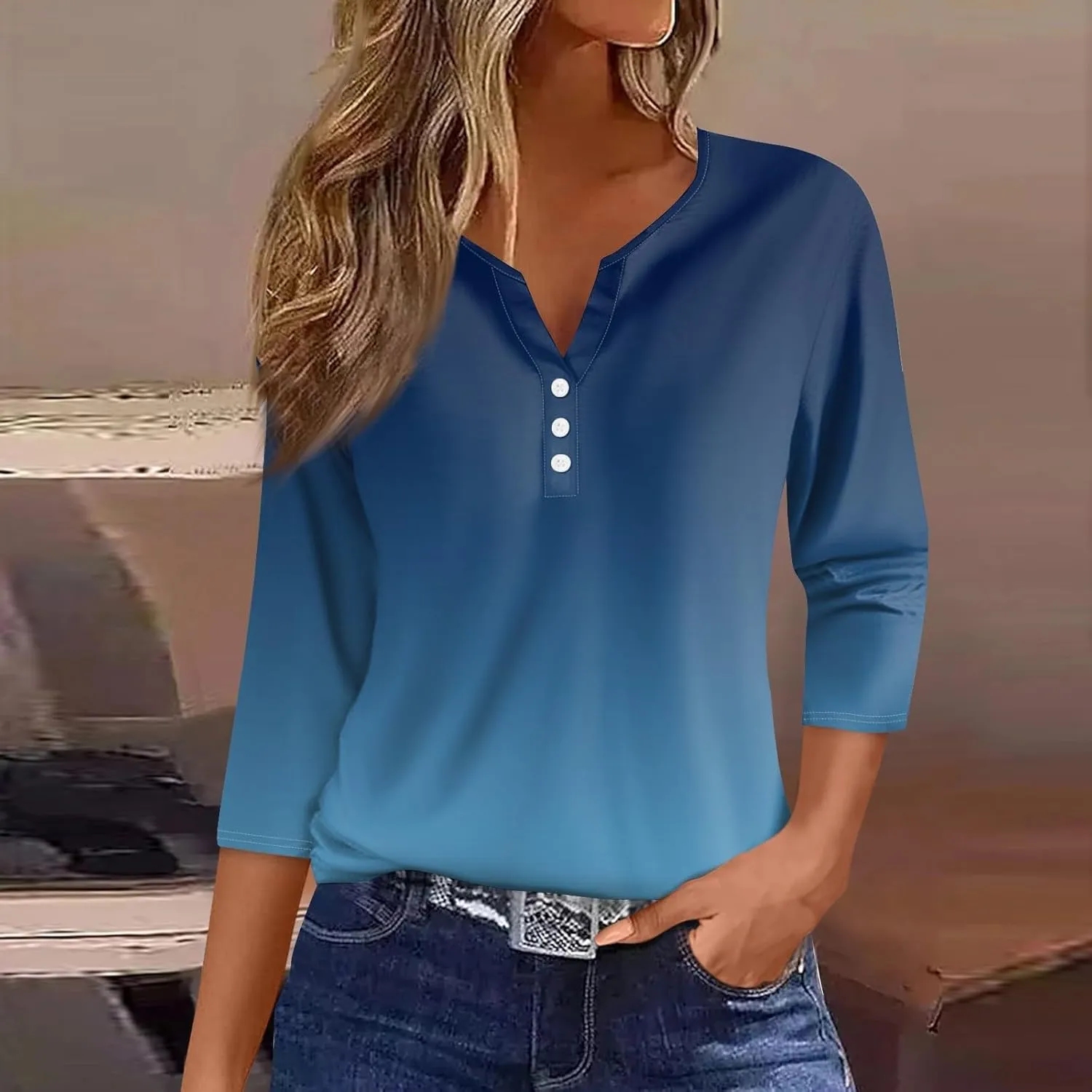 3/4 Sleeve T Shirts for Women Printed Button Down Tshirt V Neck Casual Loose Tunic Tops Dressy Summer Shirts