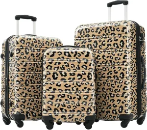 3pcs Hardshell Luggage Set With Tsa Lock  20 Inches   24 Inches   28 Inches Lightweight Spinner Suitcases, Durable Brown Leopard Design For Travel