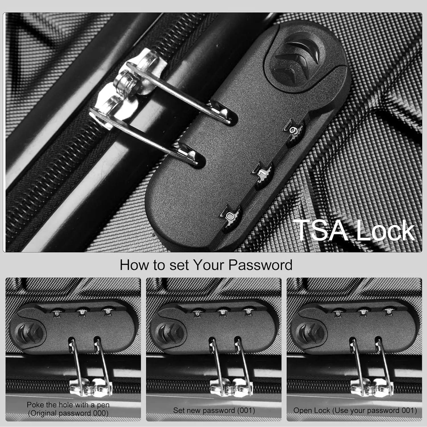 3PCS Luggage Set, Premium ABS 150kg Load Capacity Lightweight Hardshell Suitcase with TSA Lock, Spinner Wheel Luggage Set 20in 24in 28in Upright for Business Trips Travel (Black)