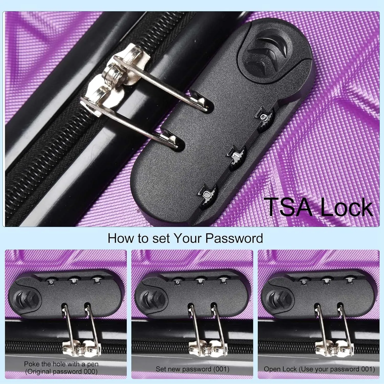 3PCS Luggage Set, Premium ABS 150kg Load Capacity Lightweight Hardshell Suitcase with TSA Lock, Spinner Wheel Luggage Set 20in 24in 28in Upright for Business Trips Travel (Purple)