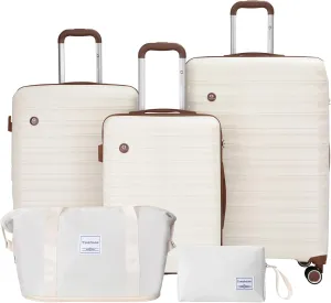 5pcs Pp Hardshell Suitcase Set With Silent Plane Wheels & Tsa Lock  White Carry-on Luggage For Travel, Durable Lightweight Spinner Set