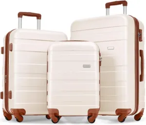 ABS Hard Shell Lightweight and Durable Luggage Set, Spinner Wheel Storage Box, Trolley Case, 3 Piece Luggage Set, Trolley Case with TSA Lock 20''24''28'' (Ivory and Brown)