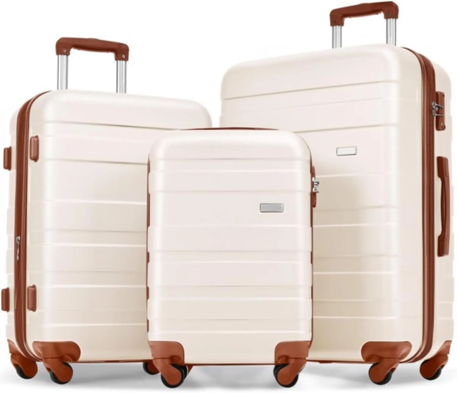 ABS Hard Shell Lightweight and Durable Luggage Set, Spinner Wheel Storage Box, Trolley Case, 3 Piece Luggage Set, Trolley Case with TSA Lock 20''24''28'' (Ivory and Brown)