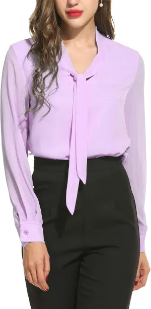 ACEVOG Womens Blouse Bow Tie Neck Long Sleeve Casual Office Work Soft Chiffon Shirts Plus Size Tops 3XL