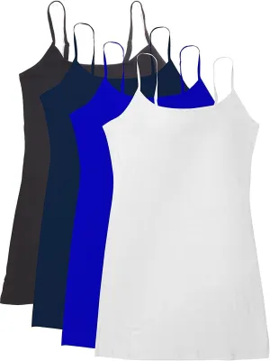 Active Basic Junior Women's Casual Plain Layering Camisole Cami Top Tank - 4 Pack Bk Navy Royal Wh, 2XL