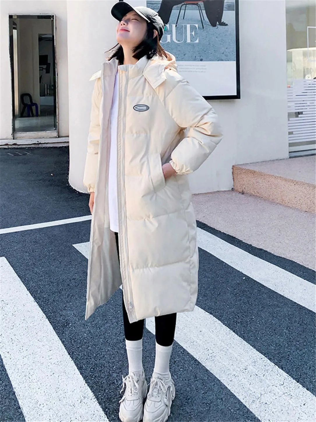 Adhdyuud Women Winter Long Parkas Hooded Thicken Warm Snow Coat Cotton Padded Windproof Outwear