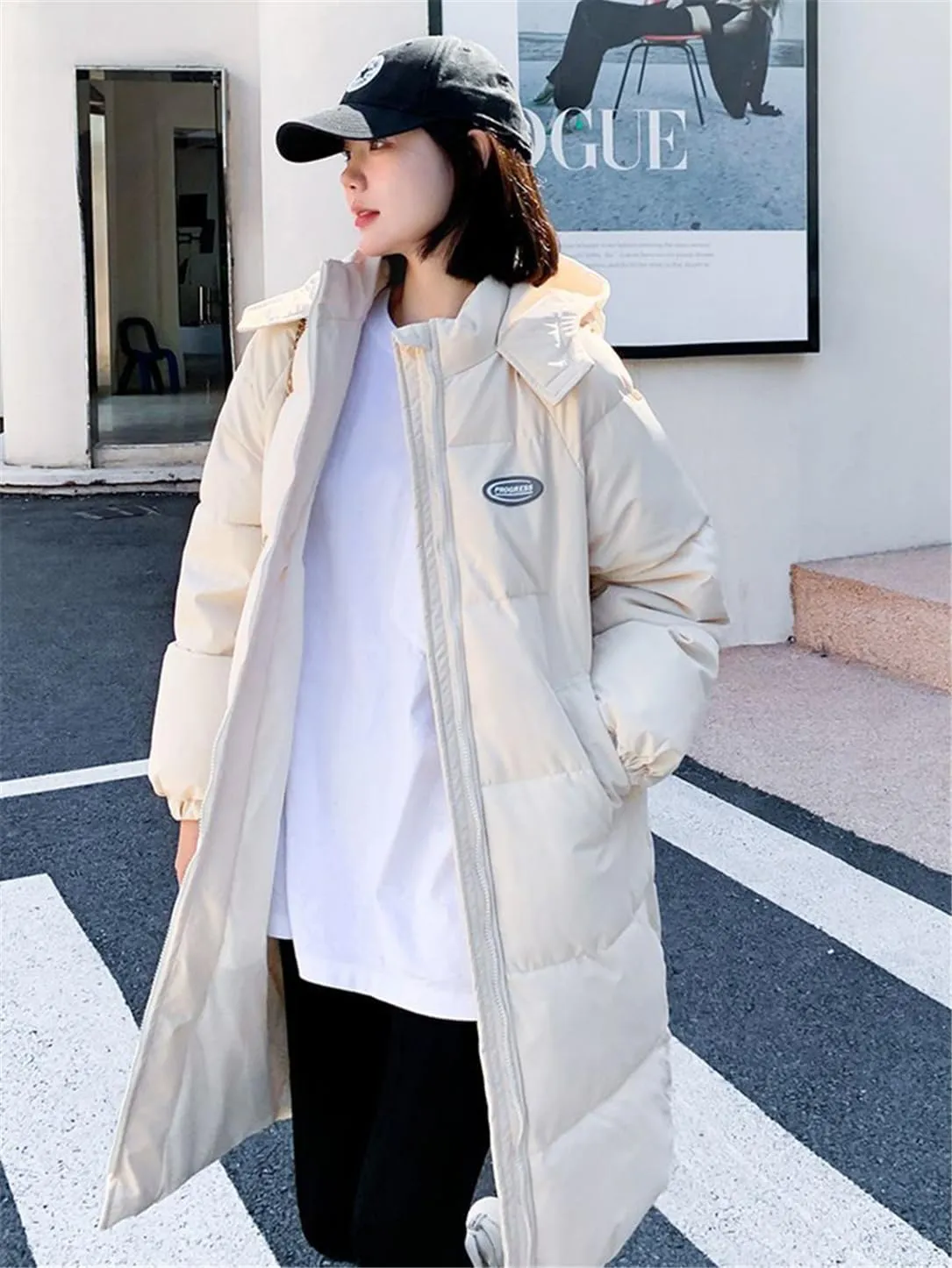 Adhdyuud Women Winter Long Parkas Hooded Thicken Warm Snow Coat Cotton Padded Windproof Outwear