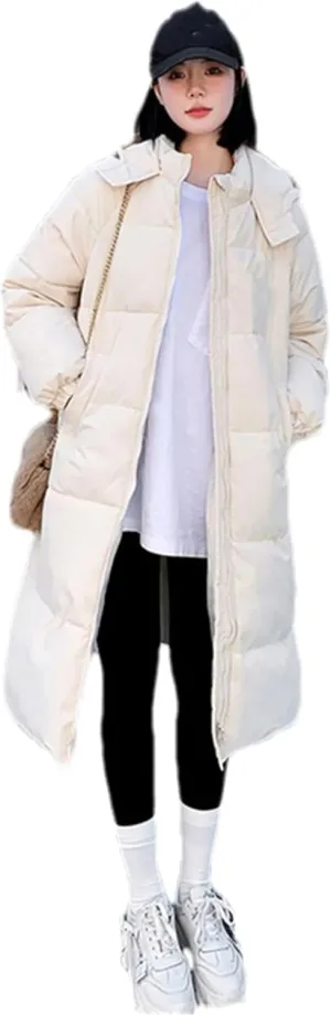Adhdyuud Women Winter Long Parkas Hooded Thicken Warm Snow Coat Cotton Padded Windproof Outwear