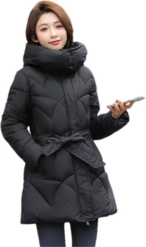 Adhdyuud Women's Down Jackets Cotton Padded Parka Warm Casual Coat Puffer Belt Hooded Parka Overcoat