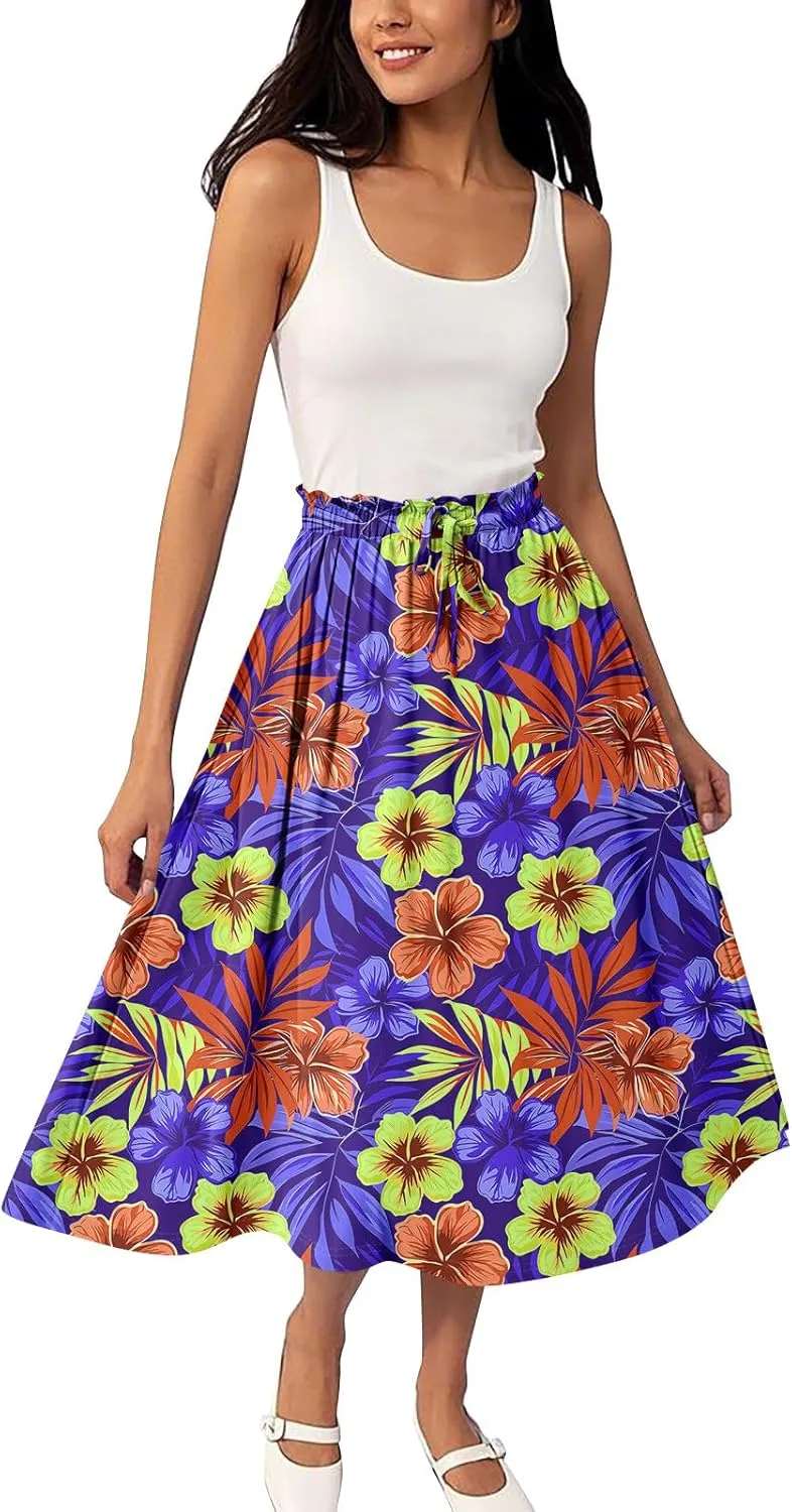 ADHOWBEW Boho Skirts for Women Beach A Line Plus Size Flowy High Waisted Cute Casual Midi Length Ruffle Trendy Spring Skirts