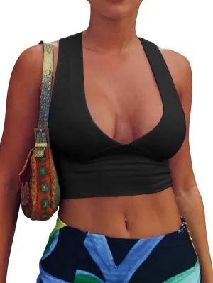 AEPEBO Sexy Crop Tops for Women Deep V Neck Back Cutout Sleeveless Plunge Racerback Tank Cropped Top