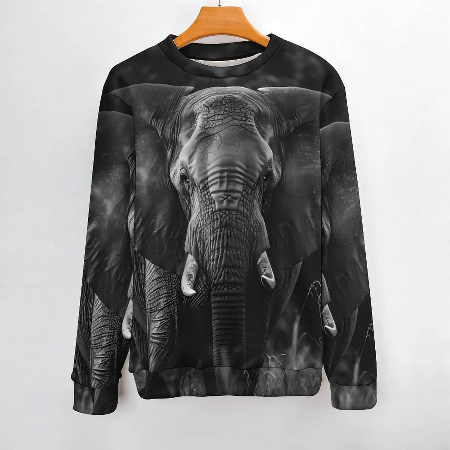 African Elephant Black And White Crew Neck Sweater Oversized Long Sleeve Pure Cotton Casual Knit Pullover Sweatshirt