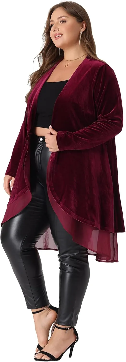 Agnes Orinda Plus Size Cardigan for Women Ruffled Asymmetric Open Front Long Velvet Jackets