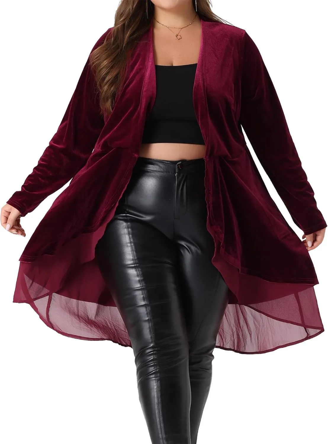 Agnes Orinda Plus Size Cardigan for Women Ruffled Asymmetric Open Front Long Velvet Jackets