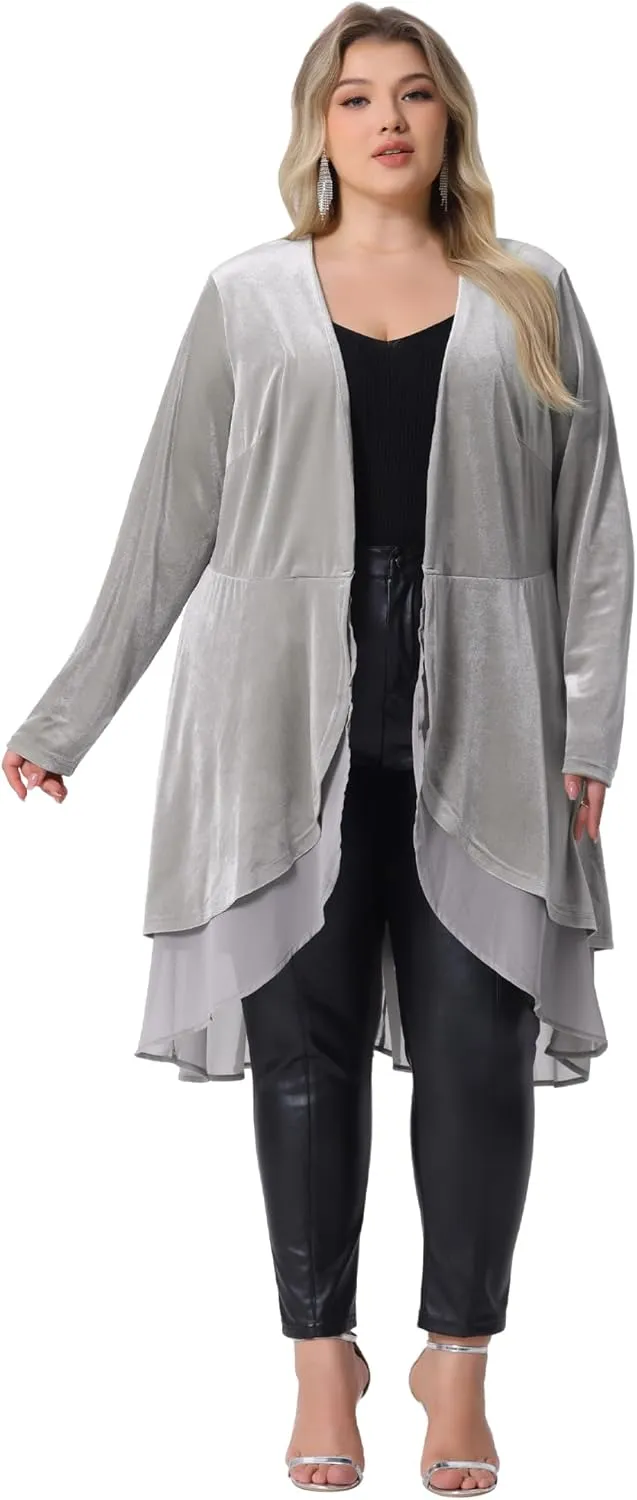 Agnes Orinda Plus Size Cardigan for Women Ruffled Asymmetric Open Front Long Velvet Jackets