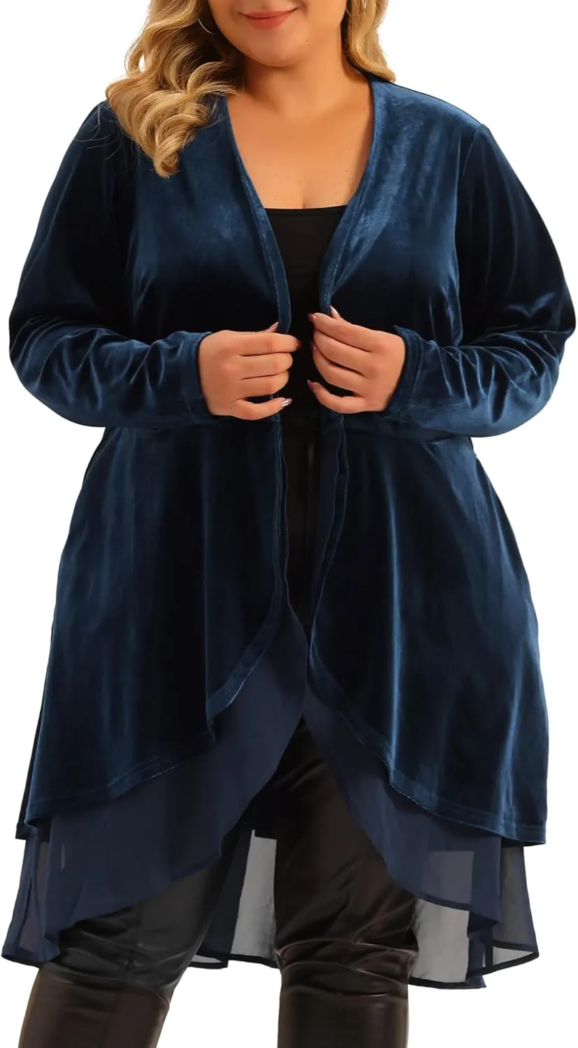 Agnes Orinda Plus Size Cardigan for Women Ruffled Asymmetric Open Front Long Velvet Jackets