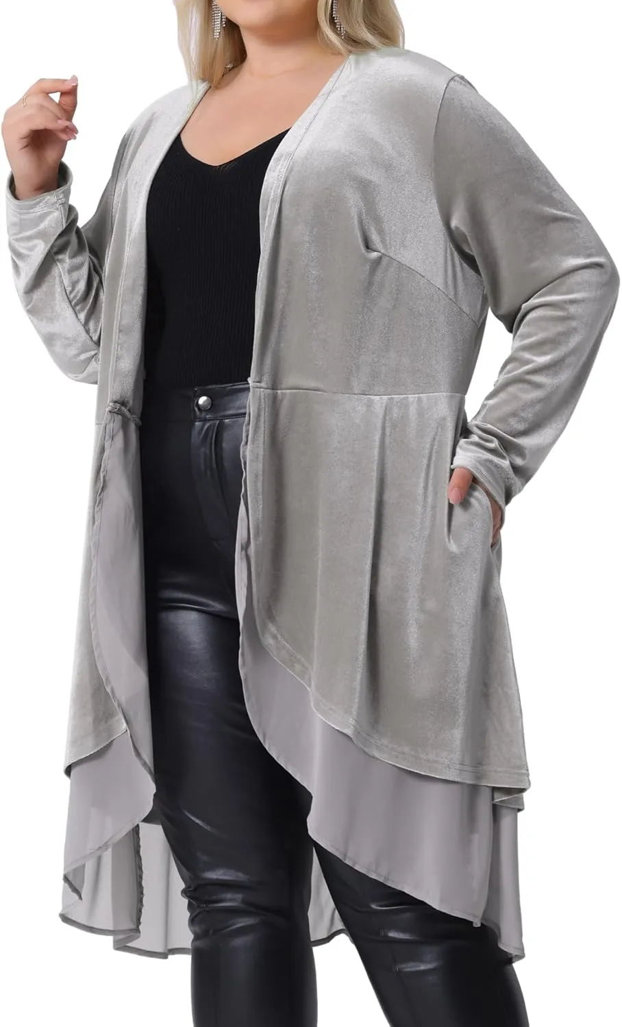 Agnes Orinda Plus Size Cardigan for Women Ruffled Asymmetric Open Front Long Velvet Jackets