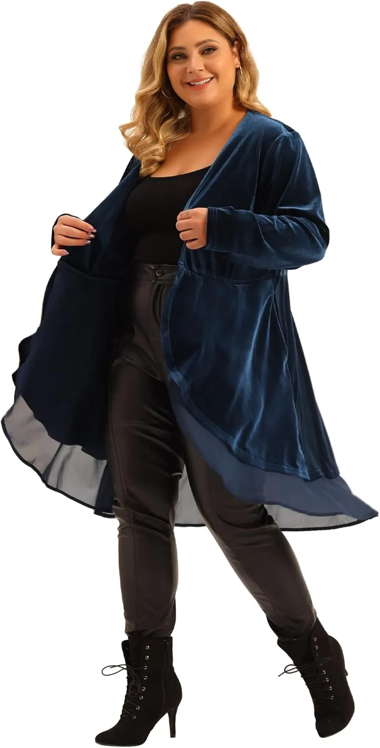 Agnes Orinda Plus Size Cardigan for Women Ruffled Asymmetric Open Front Long Velvet Jackets