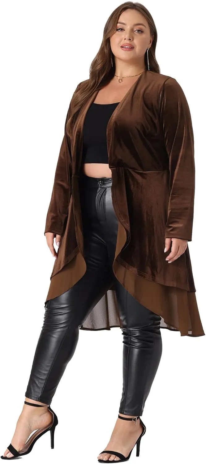 Agnes Orinda Plus Size Cardigan for Women Ruffled Asymmetric Open Front Long Velvet Jackets