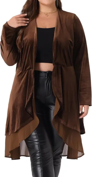 Agnes Orinda Plus Size Cardigan for Women Ruffled Asymmetric Open Front Long Velvet Jackets