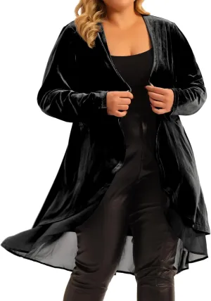 Agnes Orinda Plus Size Cardigan for Women Ruffled Asymmetric Open Front Long Velvet Jackets