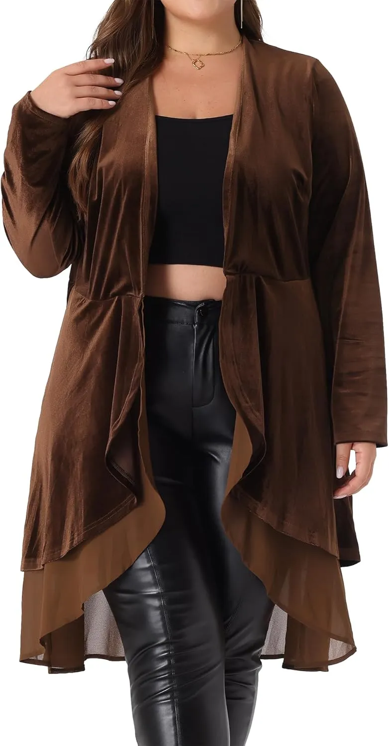 Agnes Orinda Plus Size Cardigan for Women Ruffled Asymmetric Open Front Long Velvet Jackets