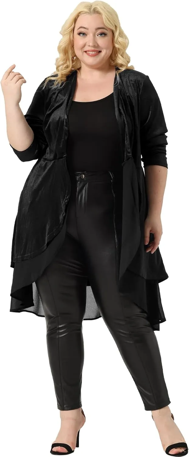 Agnes Orinda Plus Size Cardigan for Women Ruffled Asymmetric Open Front Long Velvet Jackets