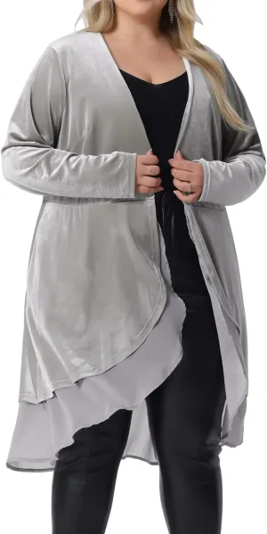 Agnes Orinda Plus Size Cardigan for Women Ruffled Asymmetric Open Front Long Velvet Jackets